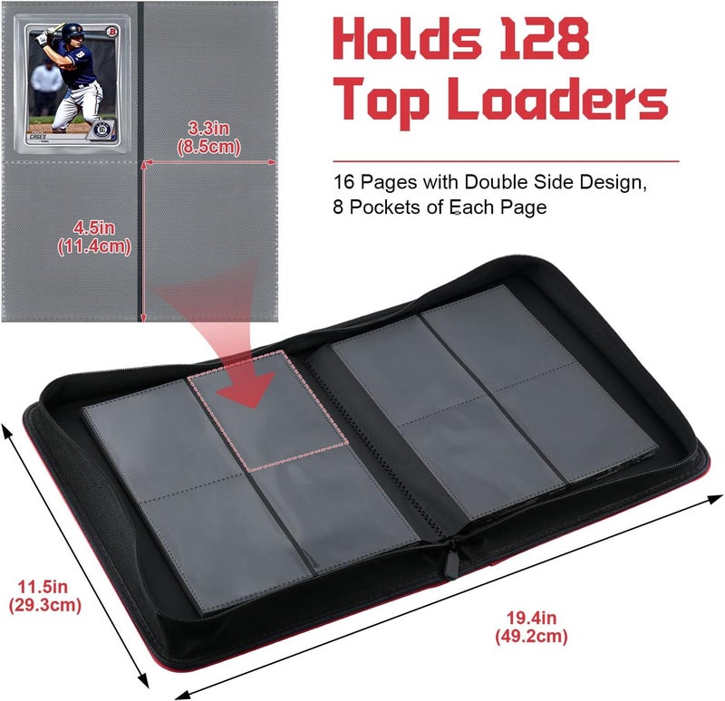 WITHYU Toploader Binder 4 Pocket, Trading Card Binder Top Loader PU Leather Album with 128 Pockets, Ringless Card Holder for Sports TCG MTG Collection (Burgundy) - Image 2